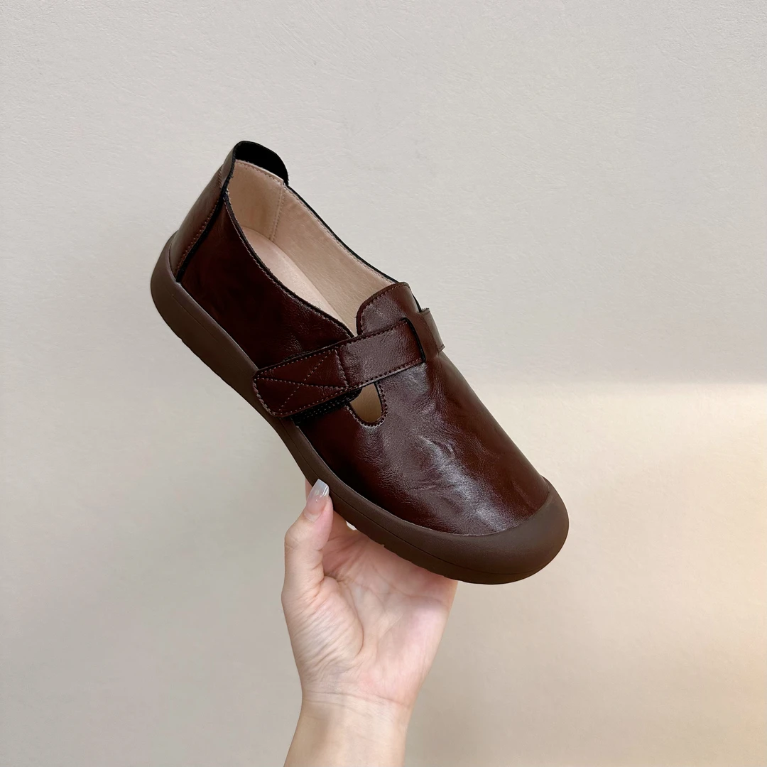 9232复古气质真皮软底单鞋舒适防滑耐磨浅口圆头低跟中老年女鞋