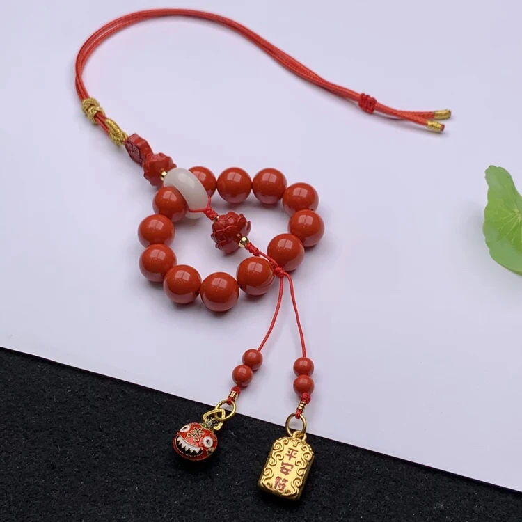 含辰砂工艺品【玉满萃】辰砂朱砂珠环莲花车挂