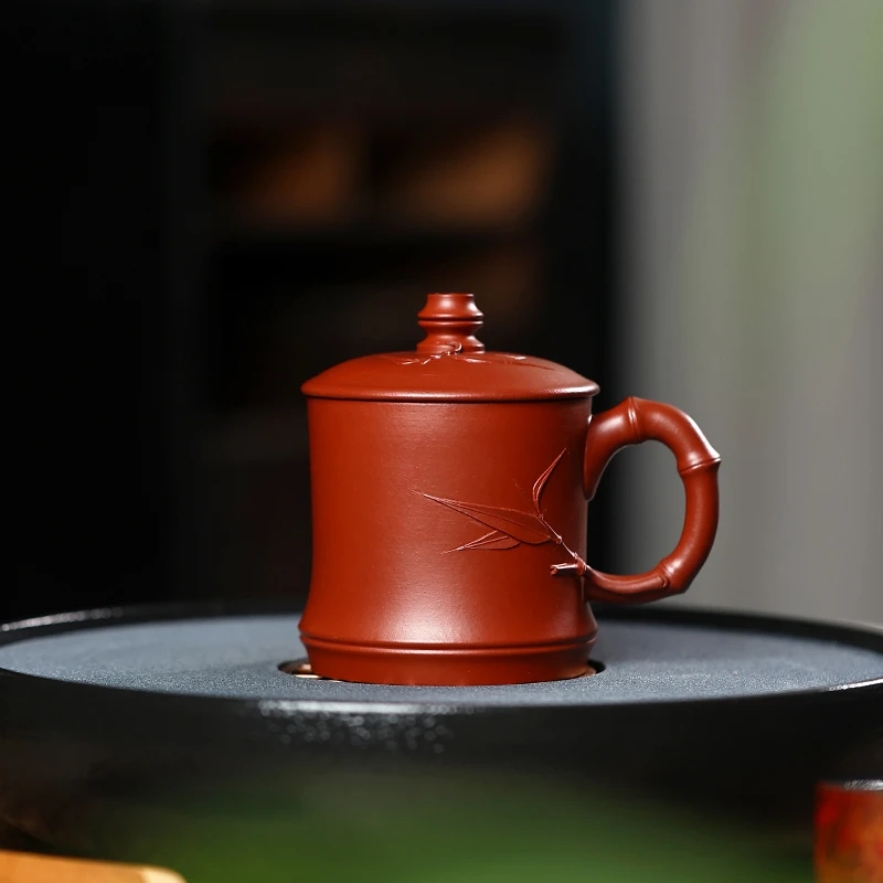 盖杯茶杯紫砂杯茶具大号紫砂盖杯贴绘竹叶竹节杯原矿大红袍手工