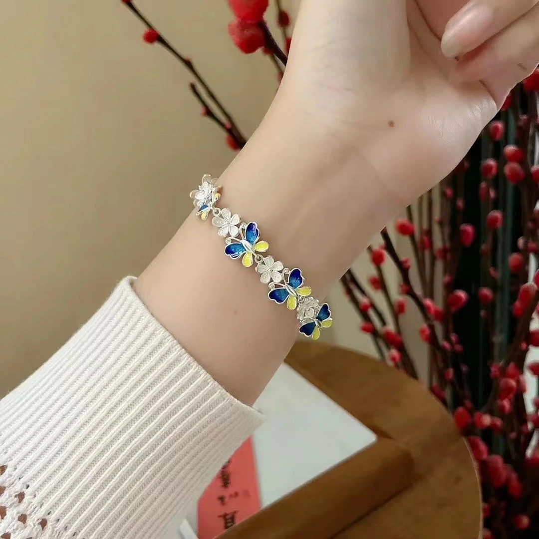 足银手链 【银喜生】足银烧蓝珐琅彩蝴蝶手链