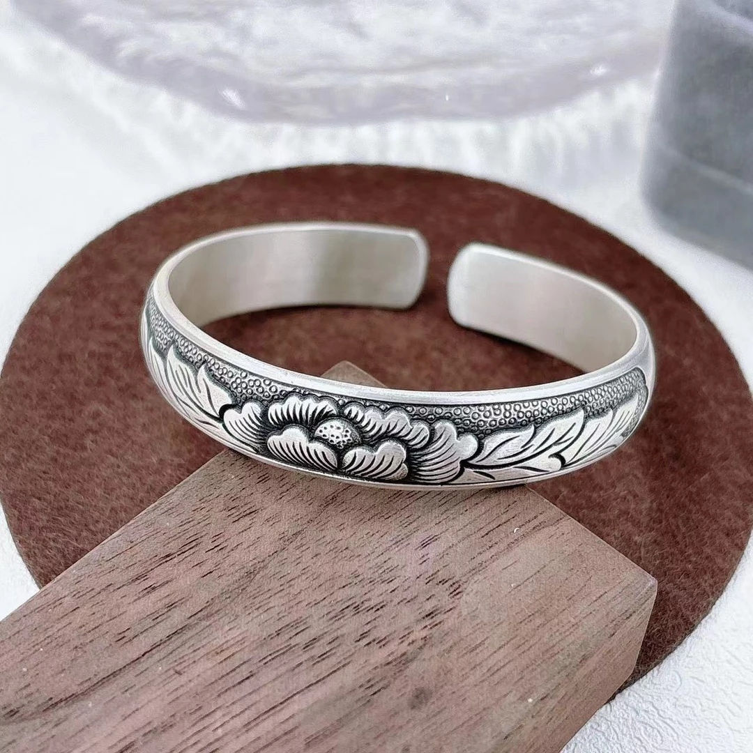 足银手镯 [银喜生]足银复古牡丹开口手镯