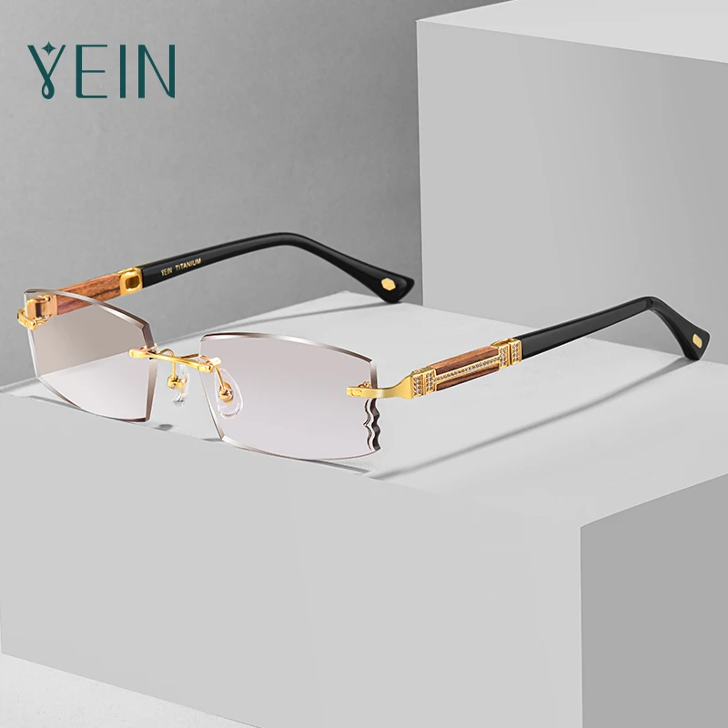 YEIN/魅影无框眼镜架9106海南梨花木超轻蓝光近视时尚钛架切边