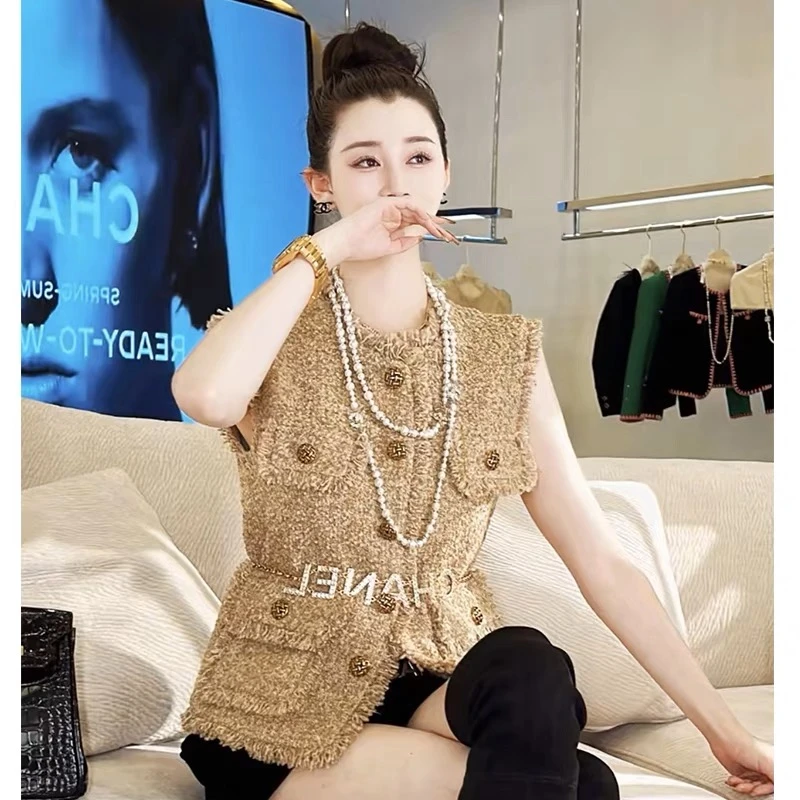小香风马甲咖色高级感粗花呢女款外穿外套洋气重工设计感气质背心