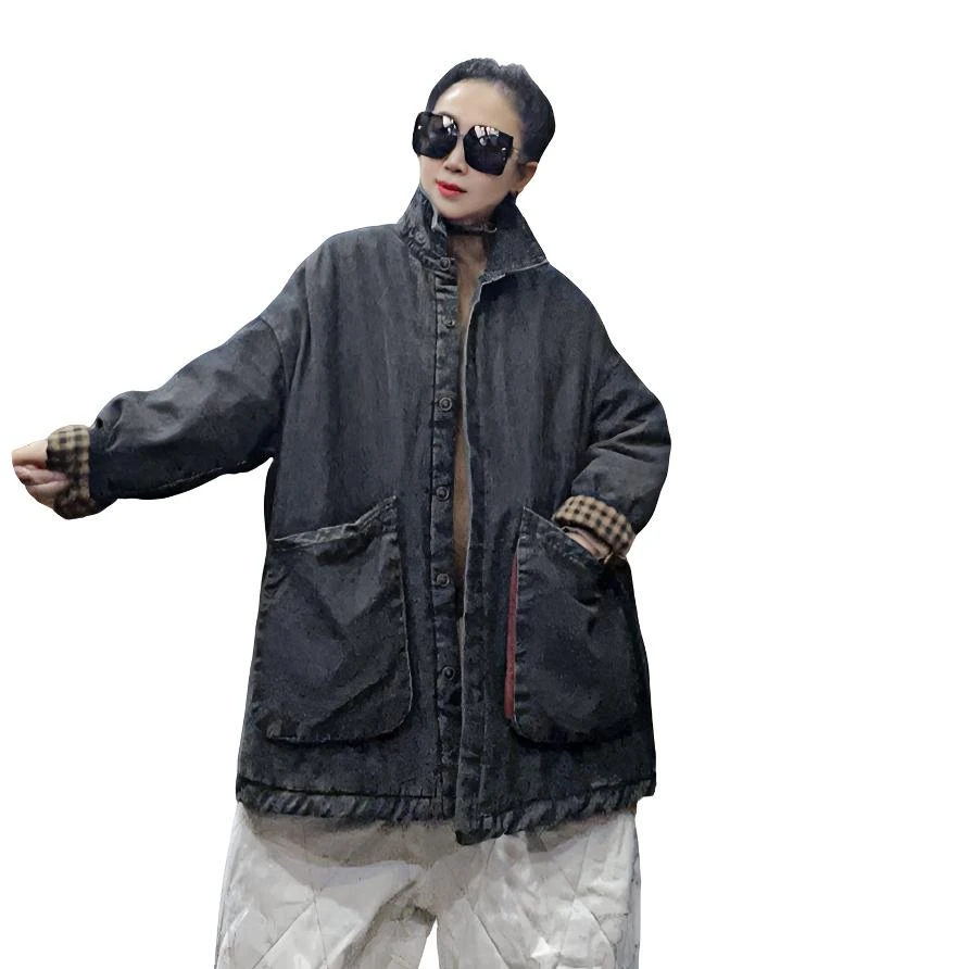 2024冬季新款复古炒色做旧大口袋时尚百搭休闲宽松中长款牛仔棉衣