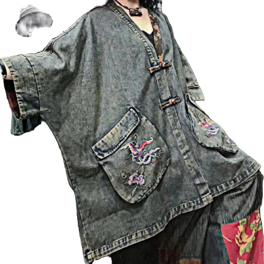 2025春季新款砂洗 炒色V领大口宽松袋刺绣盘扣复古国风做旧短外套