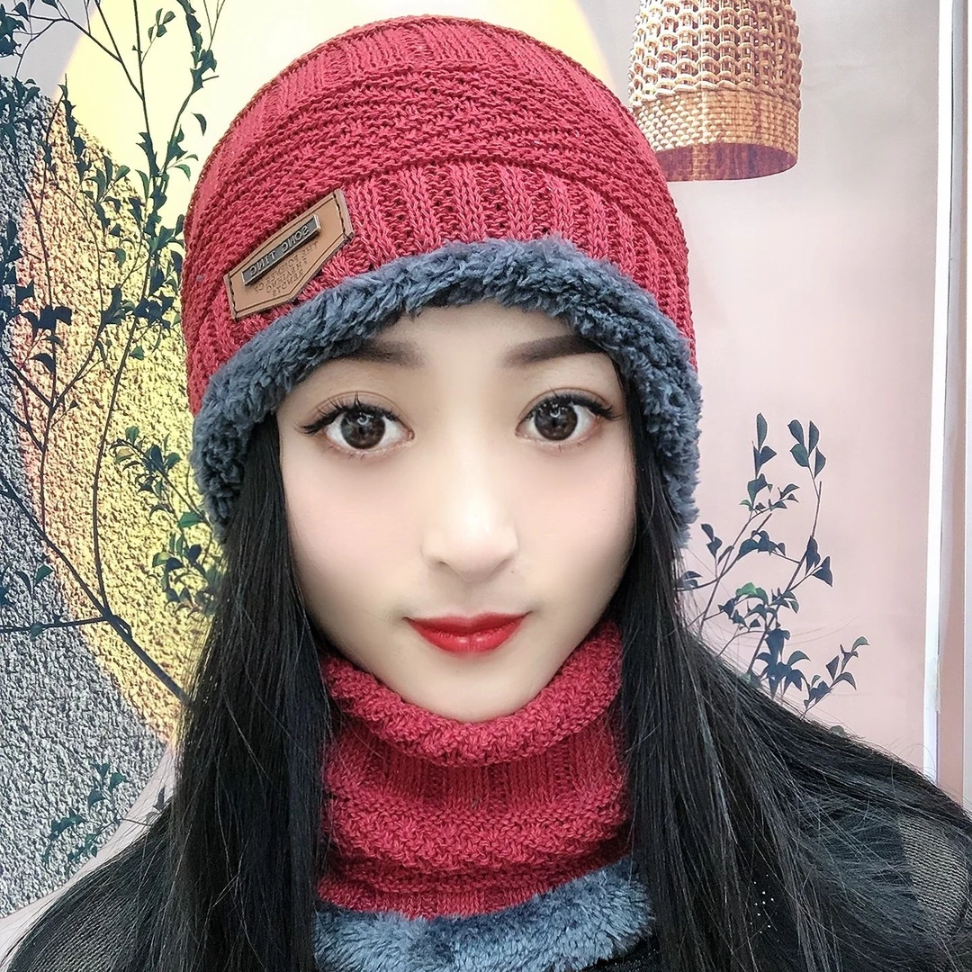 帽子女骑车护耳加绒毛线帽针织帽子围脖一体女冬加厚带口罩可拆卸
