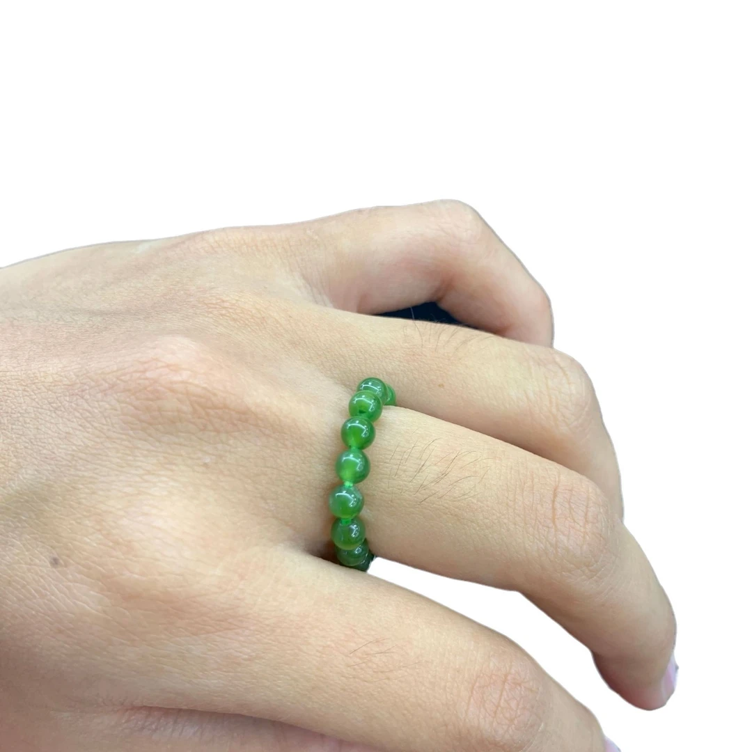 俄料和田碧玉菠菜绿圆珠手工戒指戒圈指环可拆散