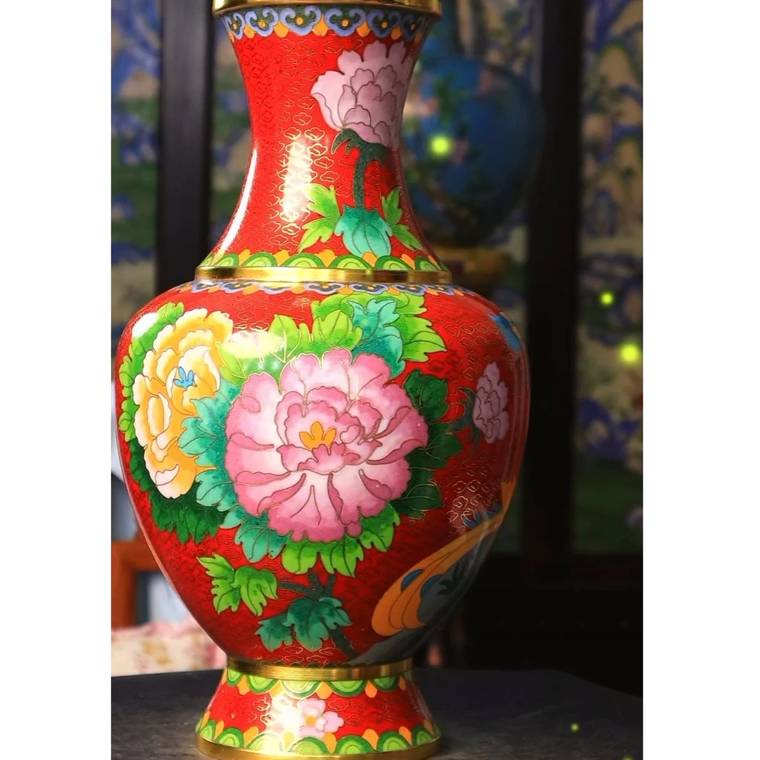 京鼎尊铜胎掐丝珐琅景泰蓝花瓶单只红色款高度38厘米