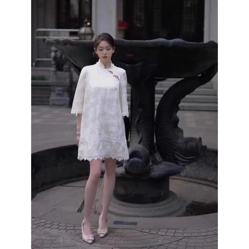 辰辰木子小店2024夏季旗袍白色国风连衣裙
