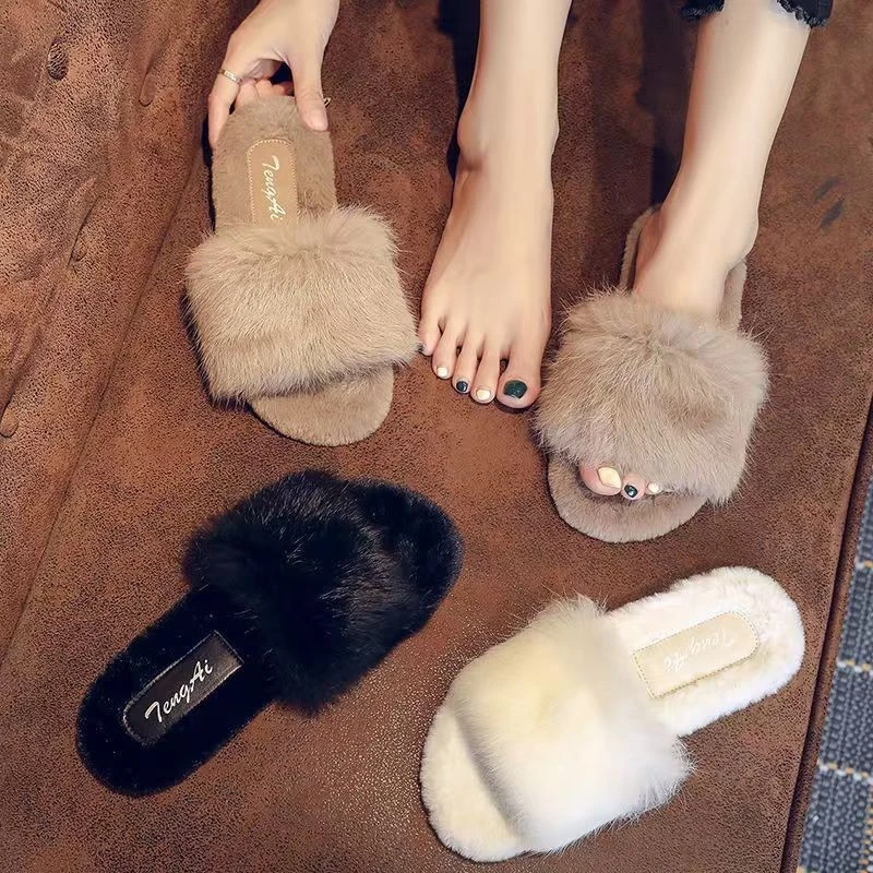 毛毛拖鞋女外穿2024年新款秋冬网红时尚百搭水钻平底加绒一字棉拖