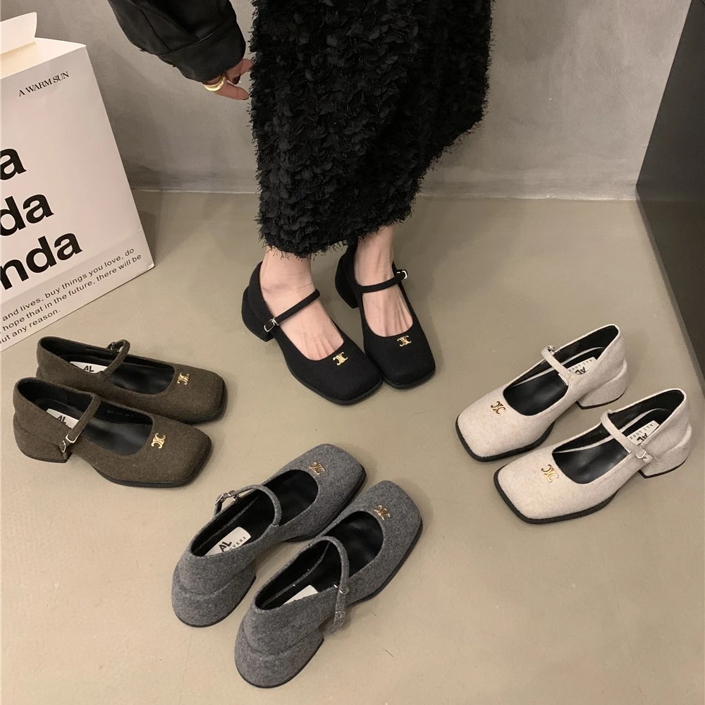 复古厚底毛毛鞋小皮鞋女法式灰色玛丽珍一脚蹬乐福鞋加绒单鞋鞋子