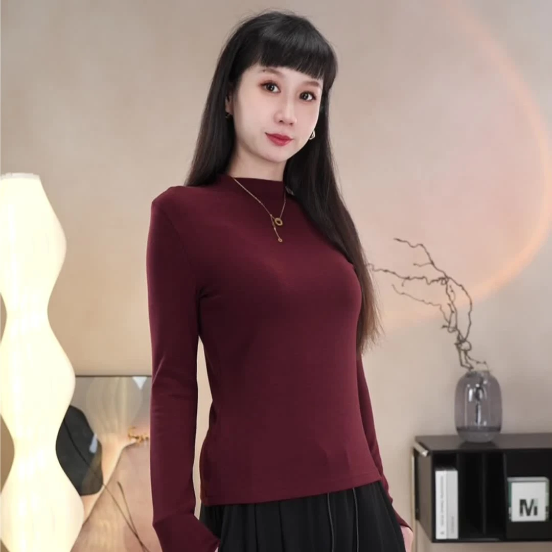 【静奢风】春季新款小立领打底衫简约内搭曲面螺纹棉木天丝长袖t恤1