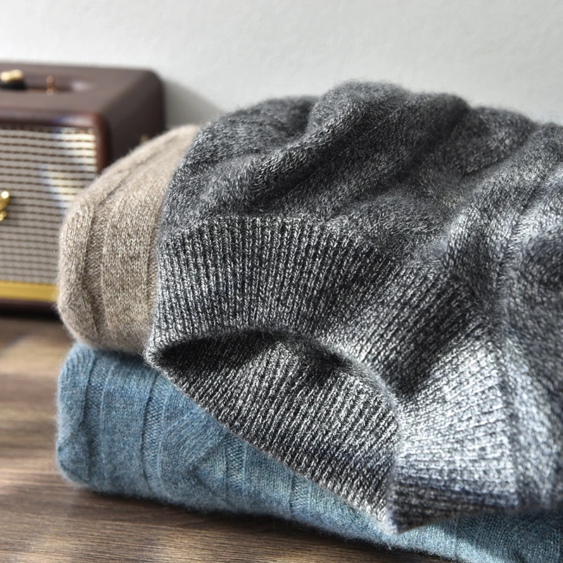 秋冬季双股加厚花纱毛衣100%纯山羊绒衫男半高领套头扭花针织毛衫