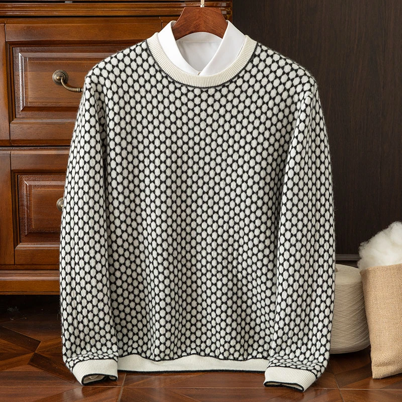 千鸟格波点提花针织衫100%纯山羊绒衫男圆领套头毛衣厚款休闲宽松