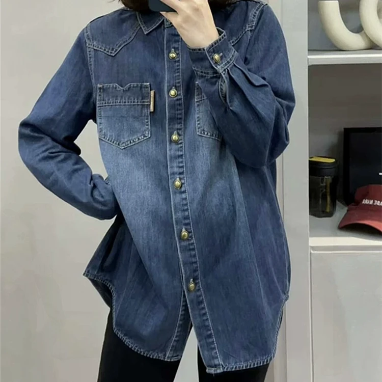 牛仔衬衫女秋冬新款韩版设计感宽松蓝色百搭休闲打底叠穿春秋外套