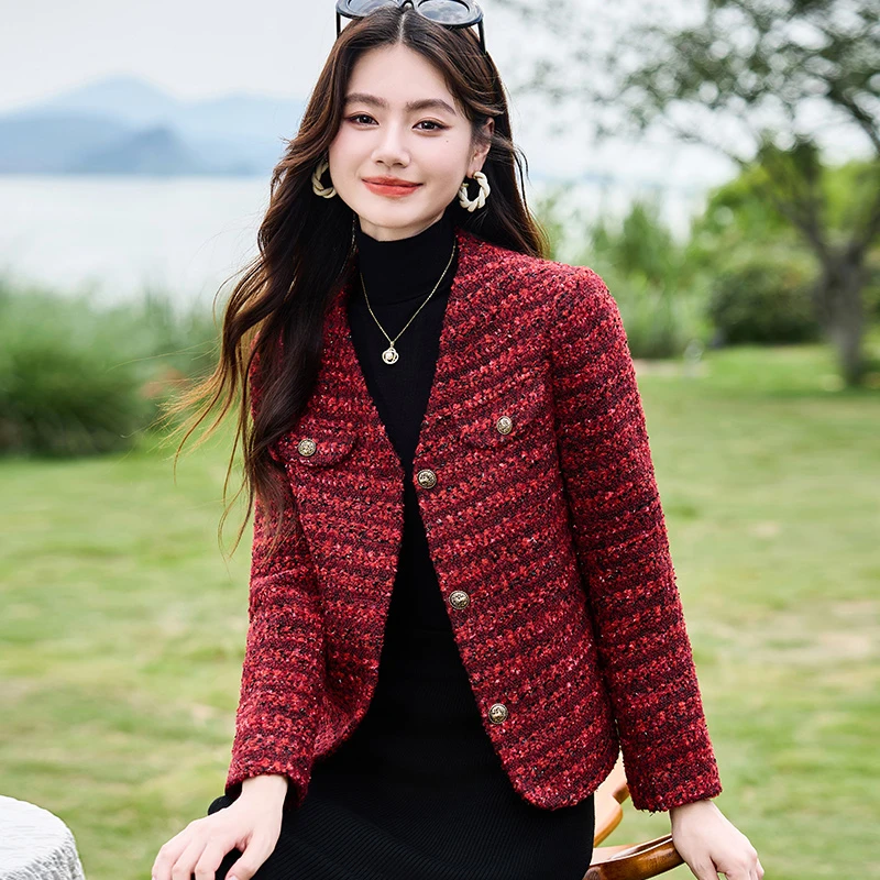 短款小香风外套女秋冬2025新款洋气复古红色显瘦小个子上衣X24973