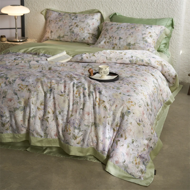 【花漫】春夏进口兰精天丝数码印花宽边拼色丝滑凉感双面四件套