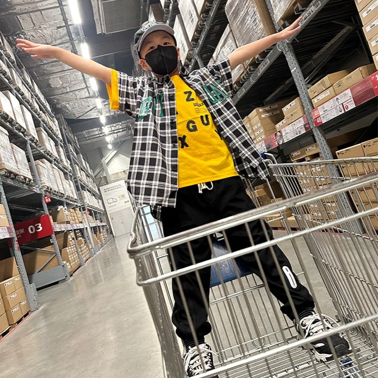 清 仓  夏季男童潮牌100%棉格子短袖衬衫男孩印花宽松外搭