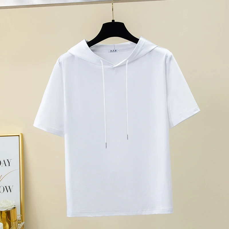 班米曼夏季白色正肩连帽短袖t恤女大码宽松带帽卫衣薄款显瘦帽衫