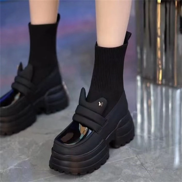 意尓康爆款厚底瘦瘦靴女2023秋季新款方头松糕短靴针织弹力袜靴百