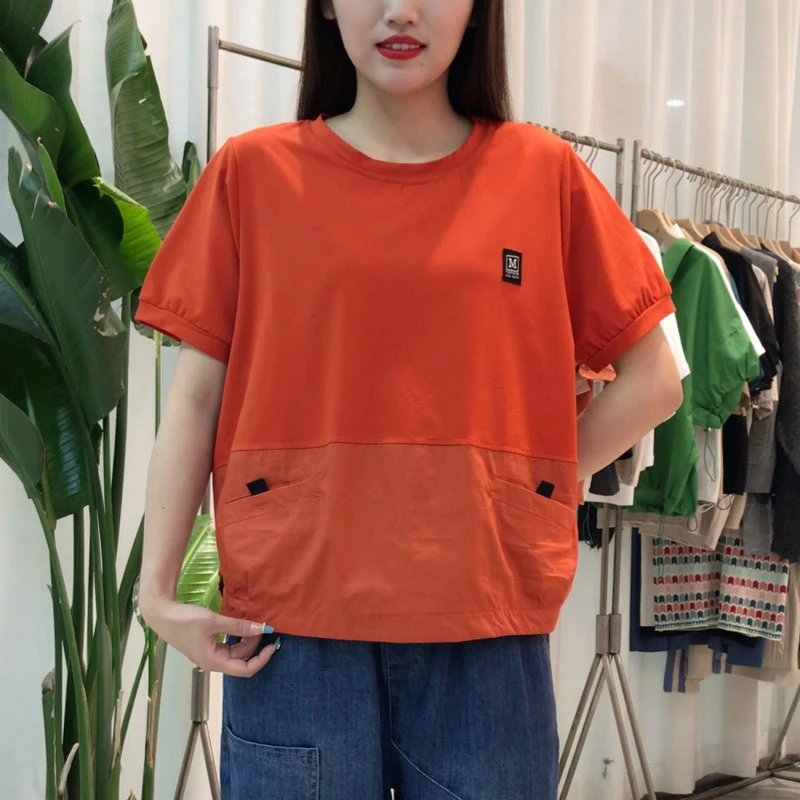 短袖t恤女夏季新款减龄拼接大码宽松遮肚圆领上衣休闲百搭体恤