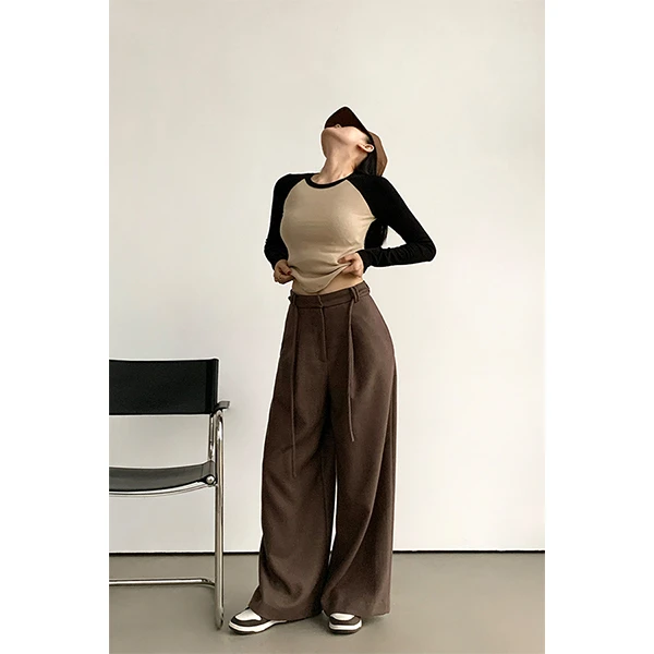 周淼ZHOUMIAO裤绳设计斜纹阔腿裤女秋冬西装休闲裤子ZM22K6121G