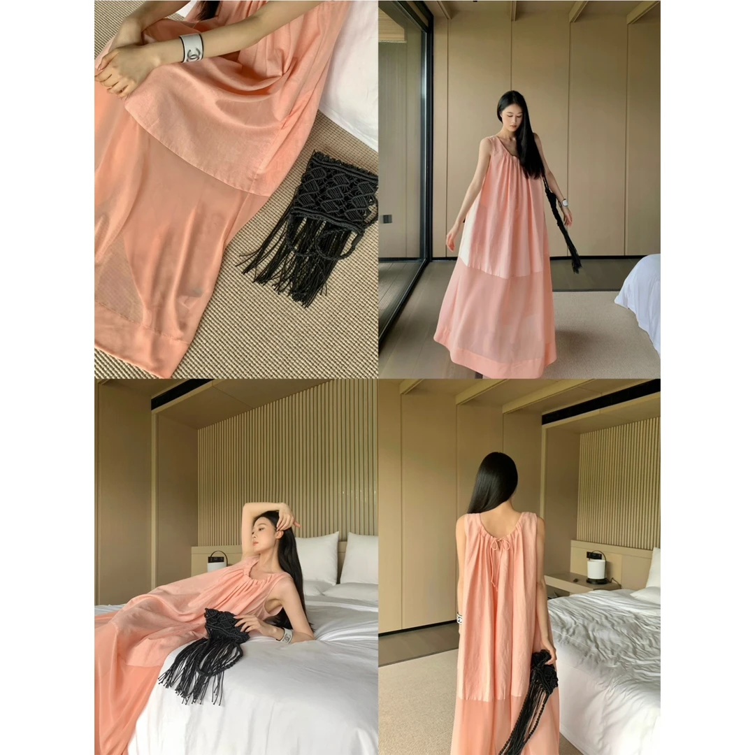 周淼ZHOUMIAO压褶直筒法式长裙慵懒风宽松无袖连衣裙女ZM24L9302Y