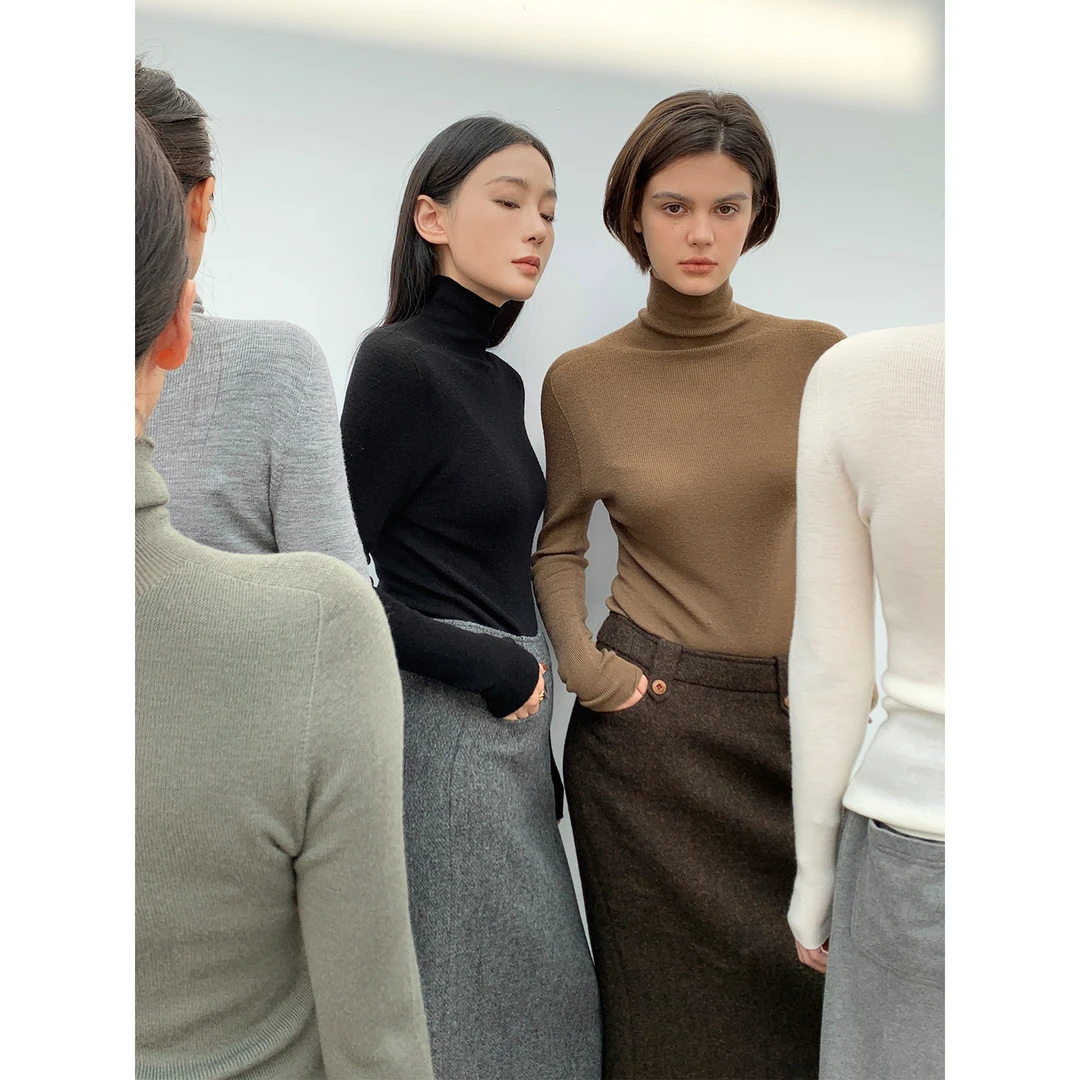 周淼ZHOUMIAO 收花针100绵羊毛修身立领打底衫针织上衣ZM23W7095