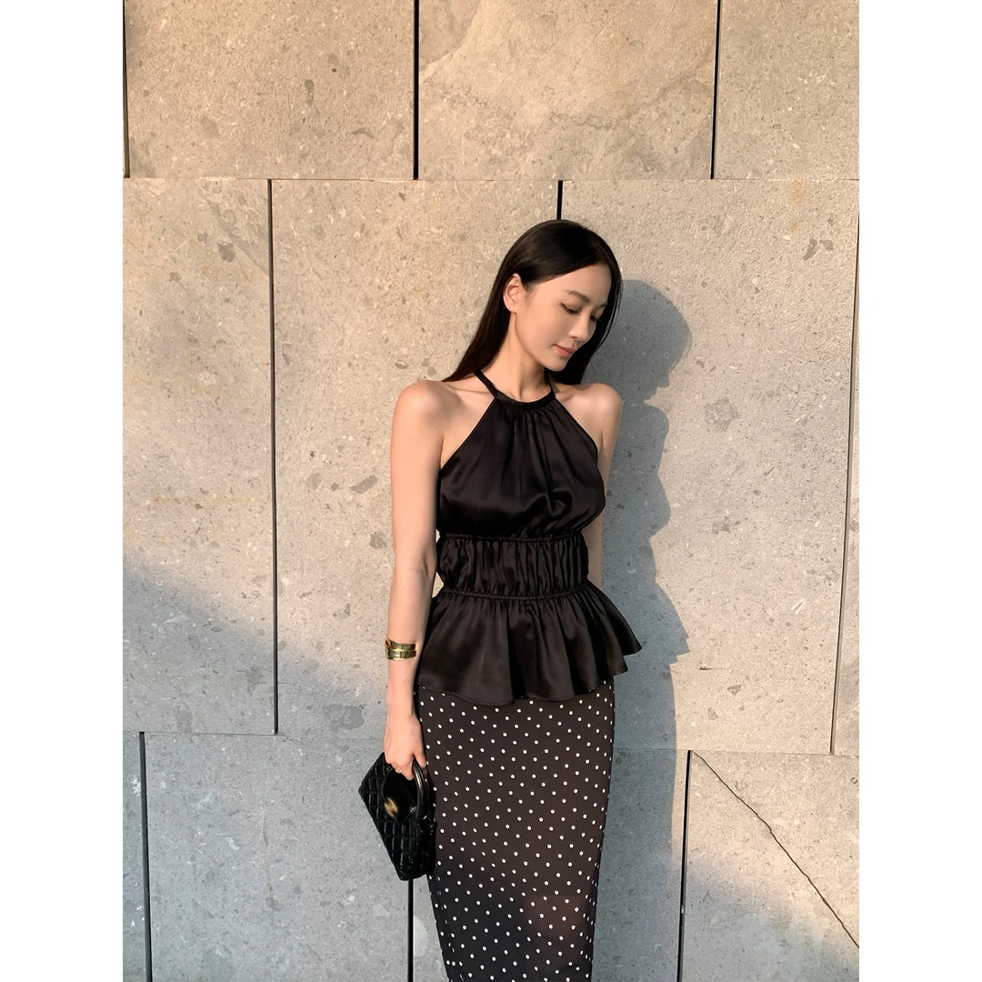 周淼ZHOUMIAO醋酸缎面抽皱挂脖背心上衣A廓形法式吊带ZM24B6286S