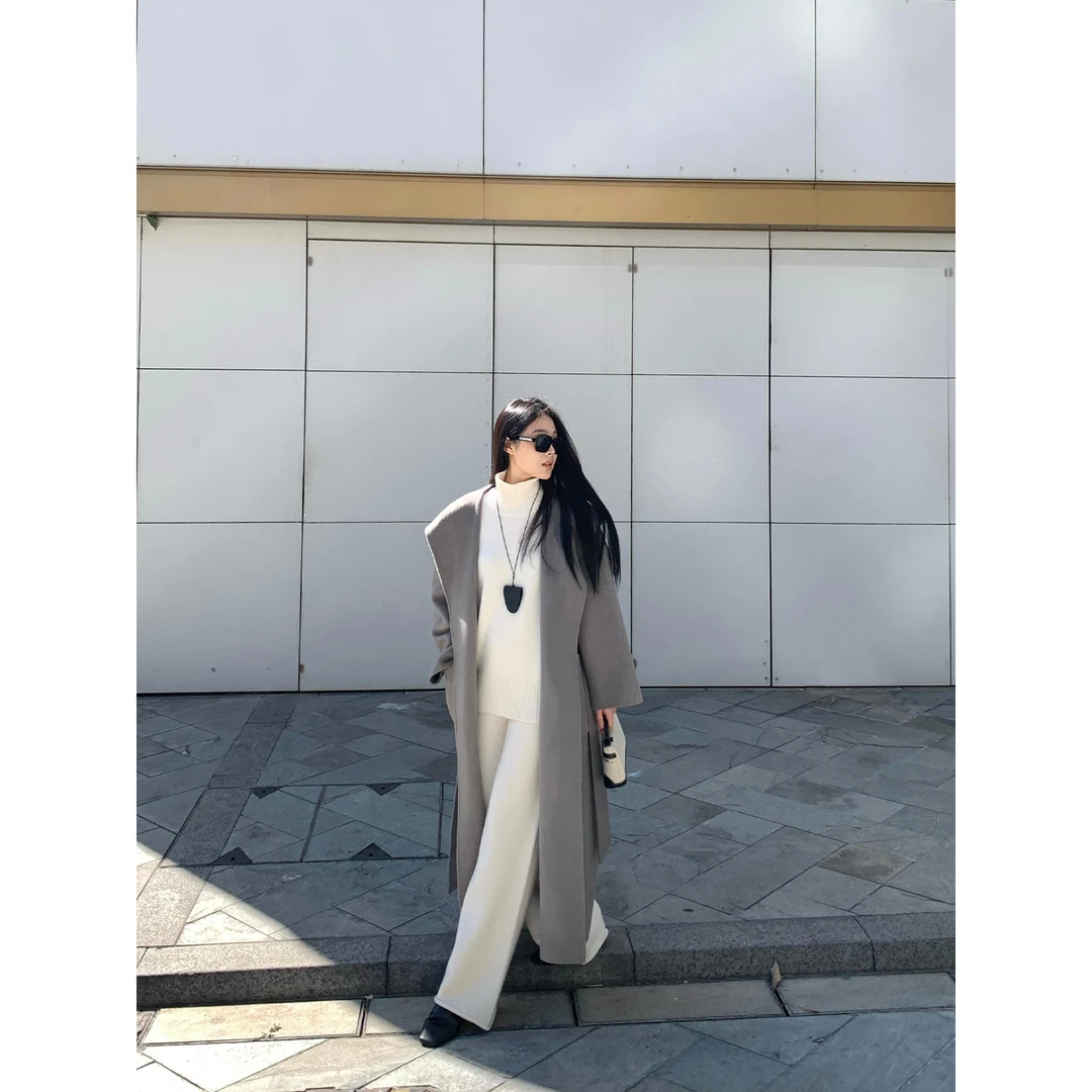 周淼ZHOUMIAO浴袍式双面呢大衣 H廓形系带毛呢外套女ZM24D9365Y