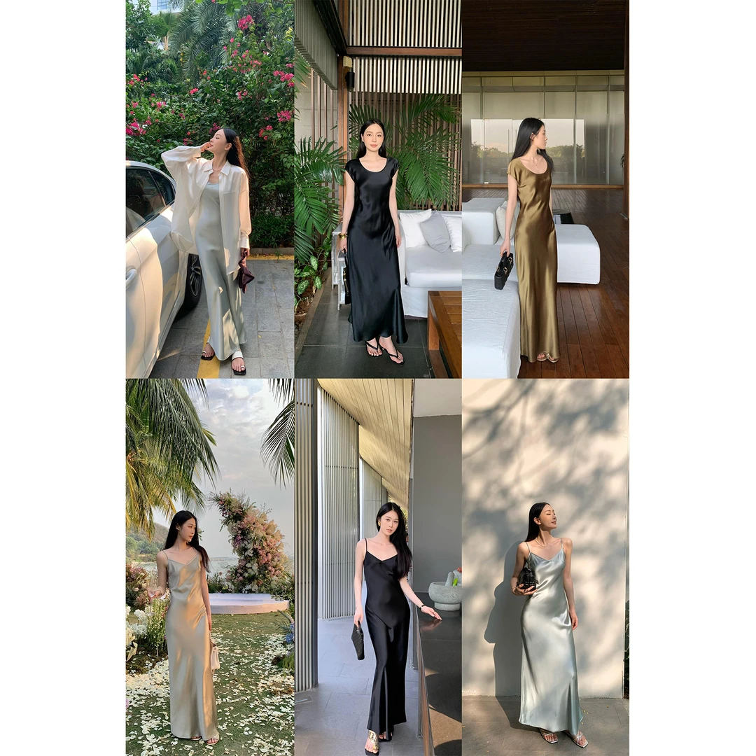 周淼ZHOUMIAO光泽缎面斜裁包肩袖连衣裙 V领吊带裙女ZM24L6279B