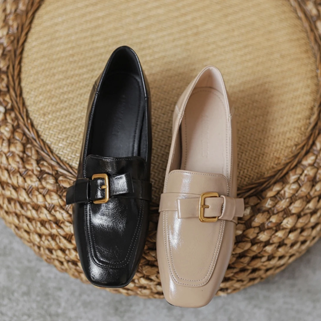 19-5新款浅口单鞋女粗跟百搭方头乐福鞋低跟软皮舒适小皮鞋