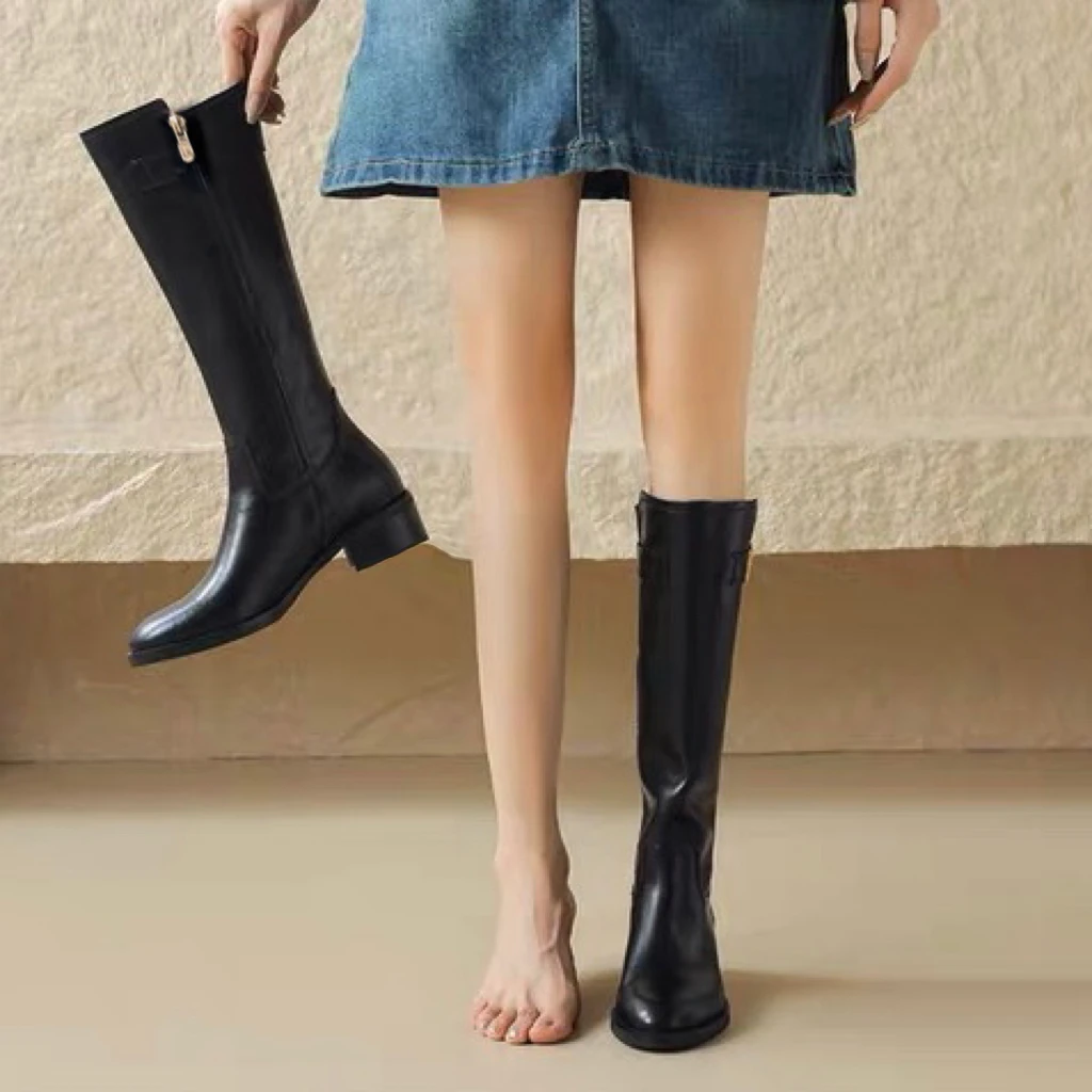 A937-3圆头显瘦骑士靴女秋冬新款中跟侧拉链黑色高筒长筒靴子