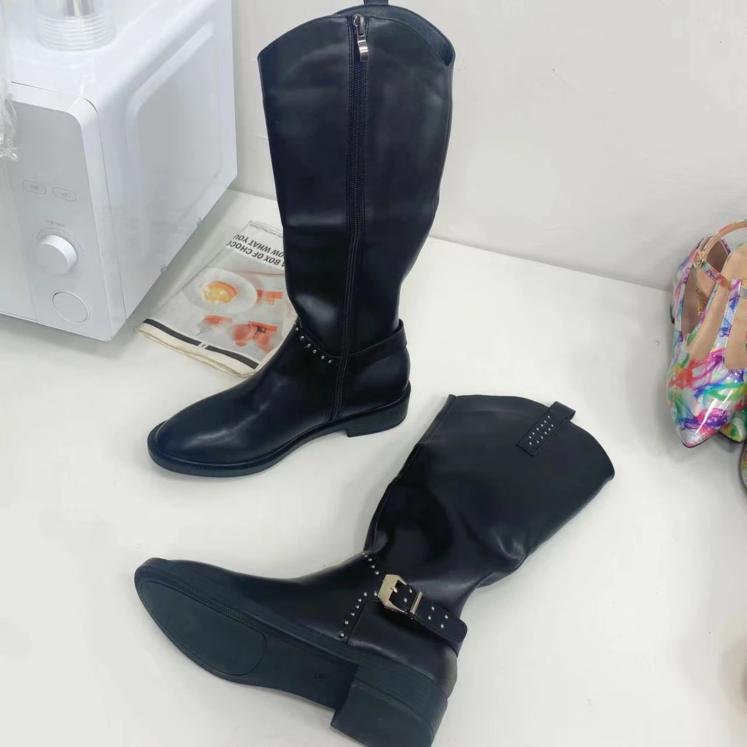 A937-16新款时尚百搭低跟高筒靴女秋冬加绒款长筒靴 骑士靴