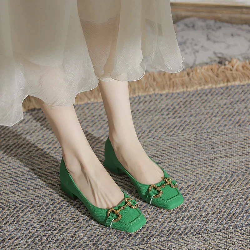 5288粗跟单鞋女2024新款低跟软皮马衔扣浅口瓢鞋方头百搭舒适女鞋