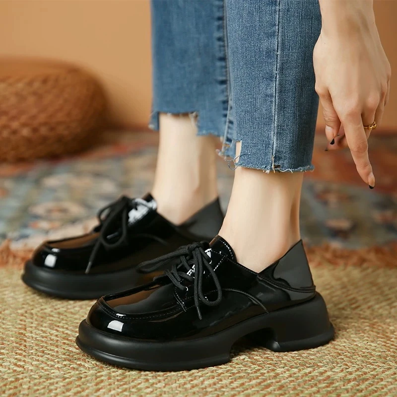 1598-3新款松糕乐福鞋女2024秋冬英伦风厚底百搭舒适系带单鞋