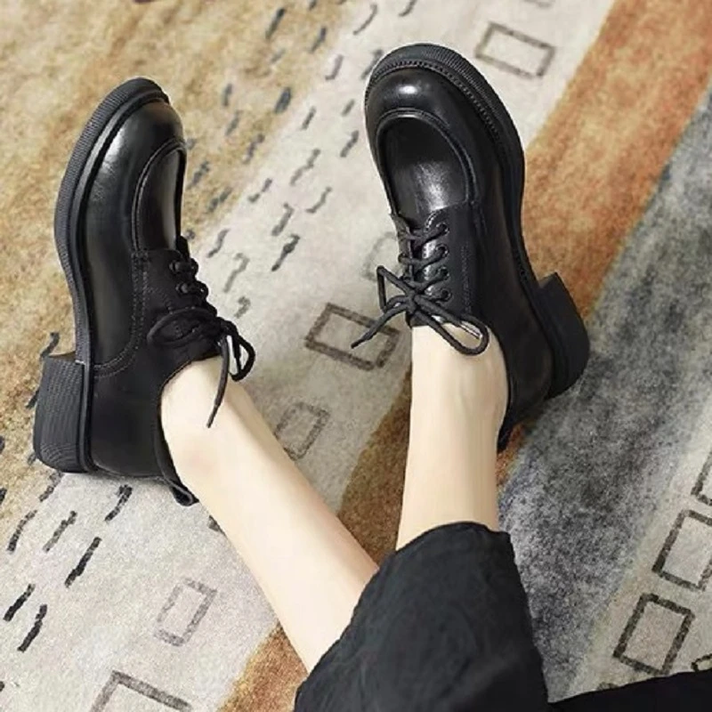 8327-1乐福鞋女2024新款秋冬时尚英伦风小皮鞋系带软底工作单鞋