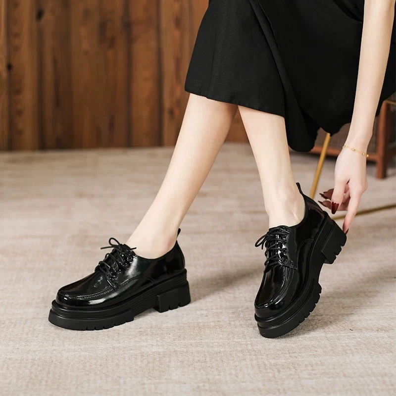 361-31乐福鞋女新款2024年厚底松糕百搭复古系带英伦风小皮鞋