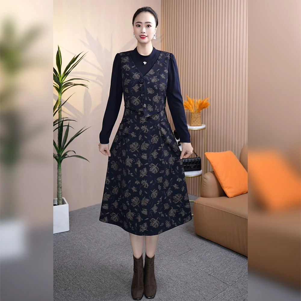 2024秋冬新款假两件时尚洋气百搭连衣裙遮肉显瘦气质减龄妈妈女装