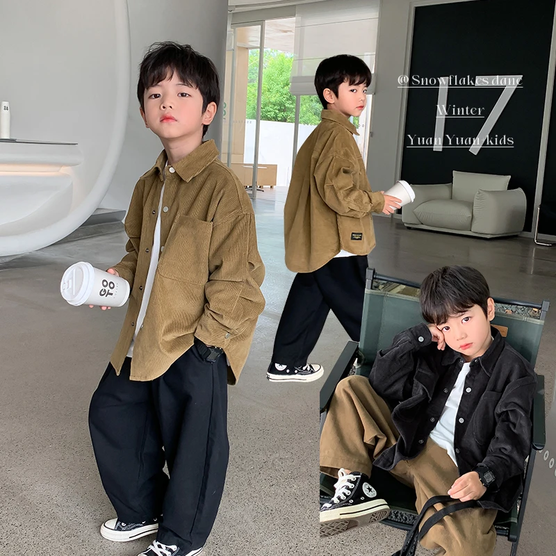 男童衬衫外套儿童秋冬加厚衬衣男孩帅气外穿灯芯绒春秋季洋气上衣