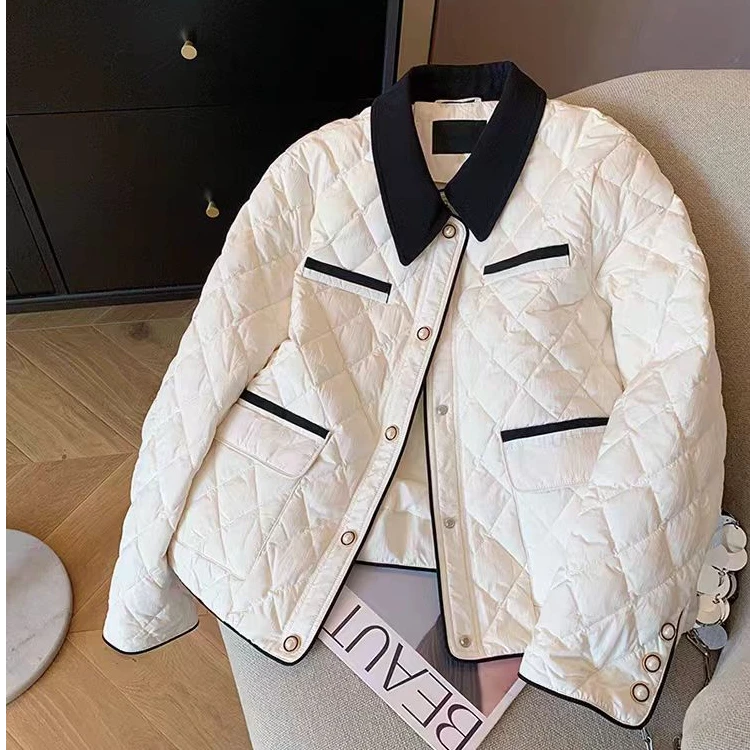 黑白撞色小香风菱格棉衣棉服女2024冬季新款高级保暖翻领夹棉外套