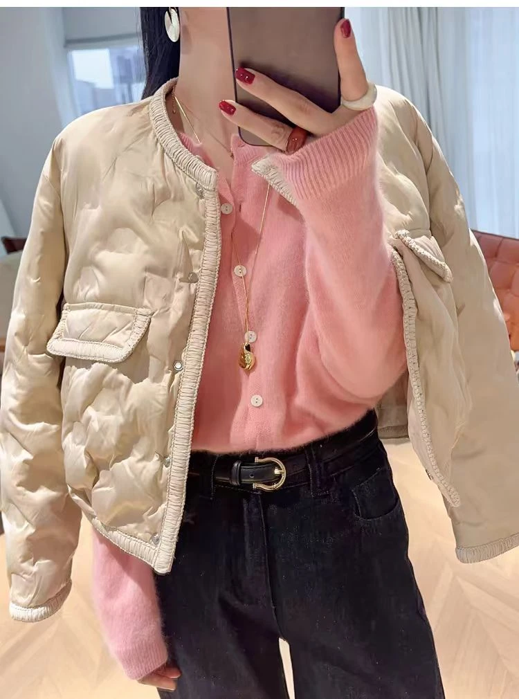 优雅小香风设计感轻薄棉服圆领短款保暖外套女秋冬新