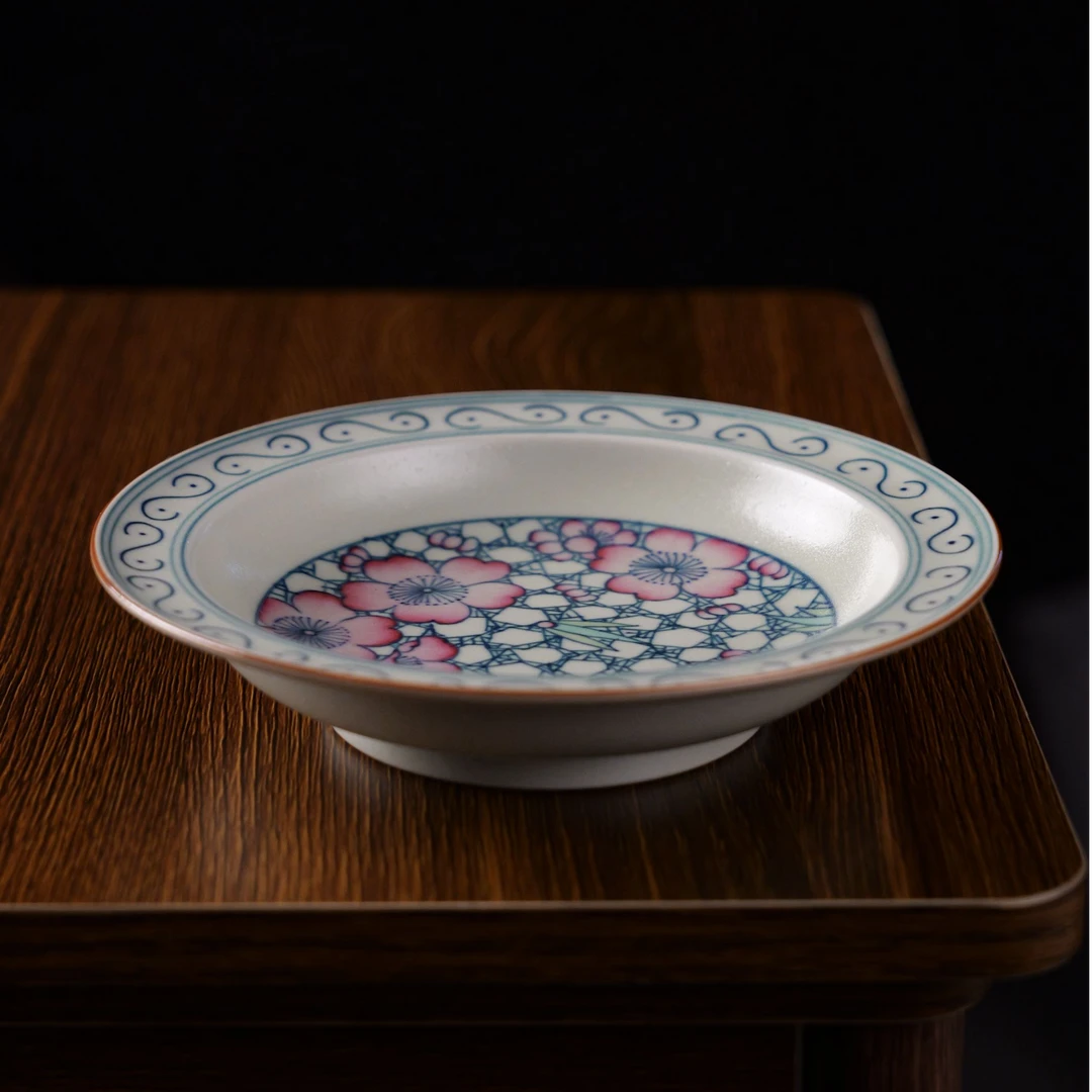 【半日茶闲】手工手绘青花加彩冰梅壶承景德镇全手工拉坯手绘壶承