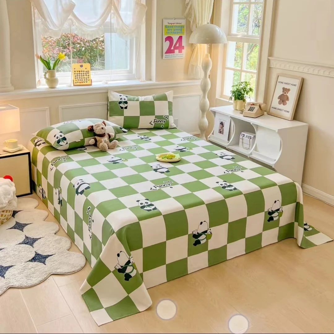 （格子熊猫）1.5X2.5纯棉细纱小粗布小帆布单人床单亲肤透气（送包边