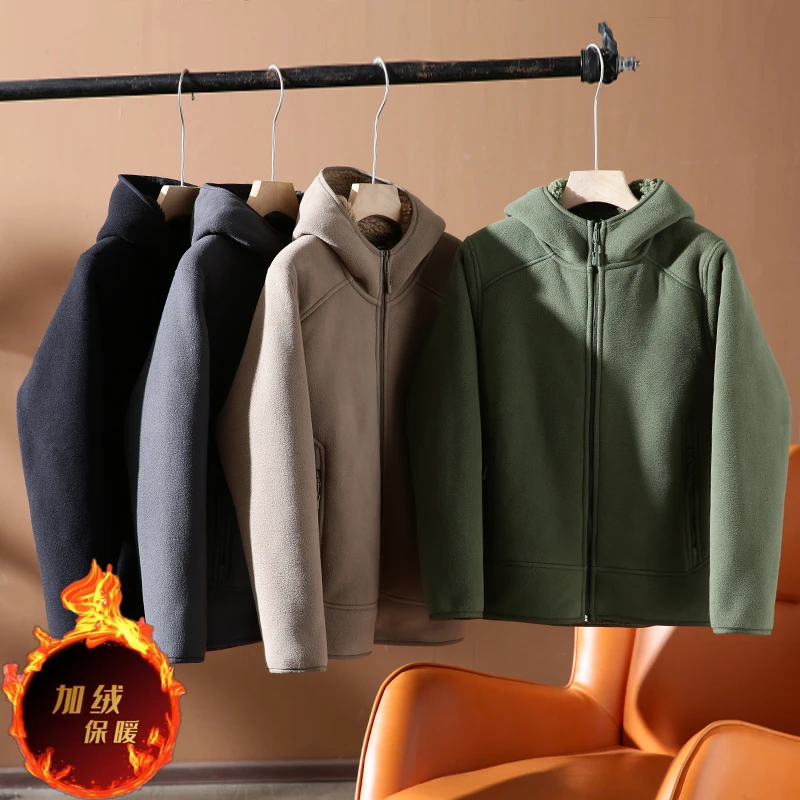 2024秋冬新款加绒加厚保暖春秋冬款连帽情侣男装防风摇粒绒外套