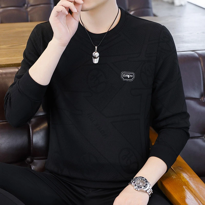 卫衣t恤长袖男士圆领男装新款提花上衣春秋季韩版休闲百搭套头潮