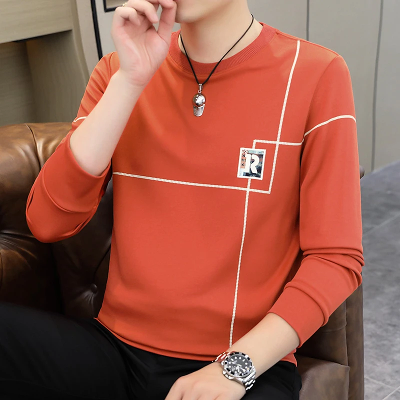 男士t恤长袖男装卫衣圆领休闲百搭春秋季韩版纯色绣花外穿套头潮