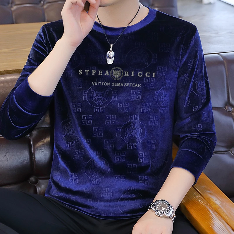男士t恤长袖男装卫衣圆领新款提花春秋季休闲时尚百搭套头韩版潮