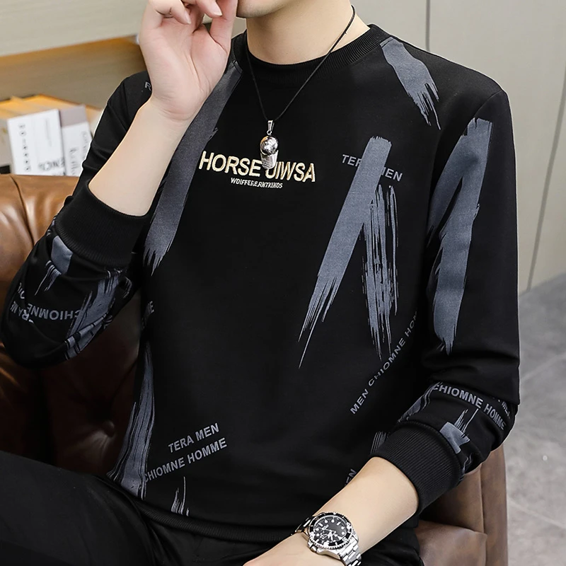 长袖t恤男款卫衣圆领男士印花韩版春秋季休闲时尚百搭春季印花潮