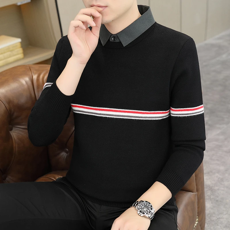 男士毛衣打底衫男装新款假两件衬衫领纯色套头秋冬季长袖休闲百搭